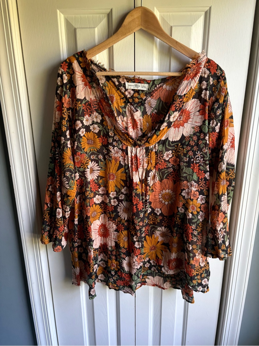 Natural Life Womens Floral Print Cotton 3/4 Sleeve Pullover Blouse Size L/XL